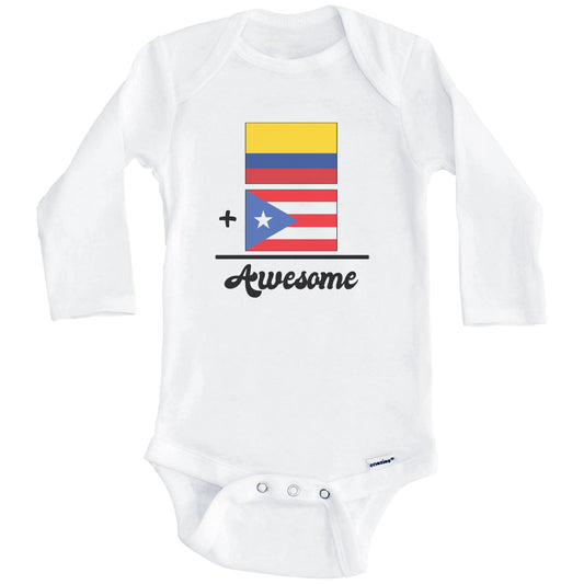 Colombia Plus Puerto Rico Equals Awesome Cute Colombian Puerto Rican Flags One Piece Baby Bodysuit (Long Sleeves)