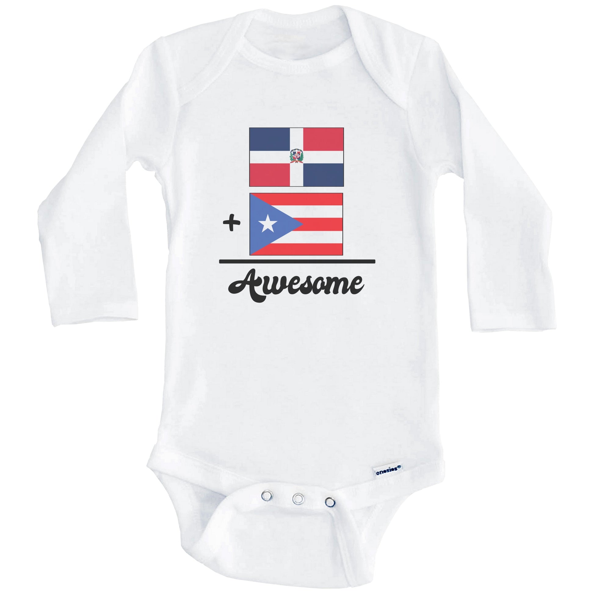 Dominican Republic Plus Puerto Rico Equals Awesome Cute Dominican Puerto Rican Flags One Piece Baby Bodysuit (Long Sleeves)