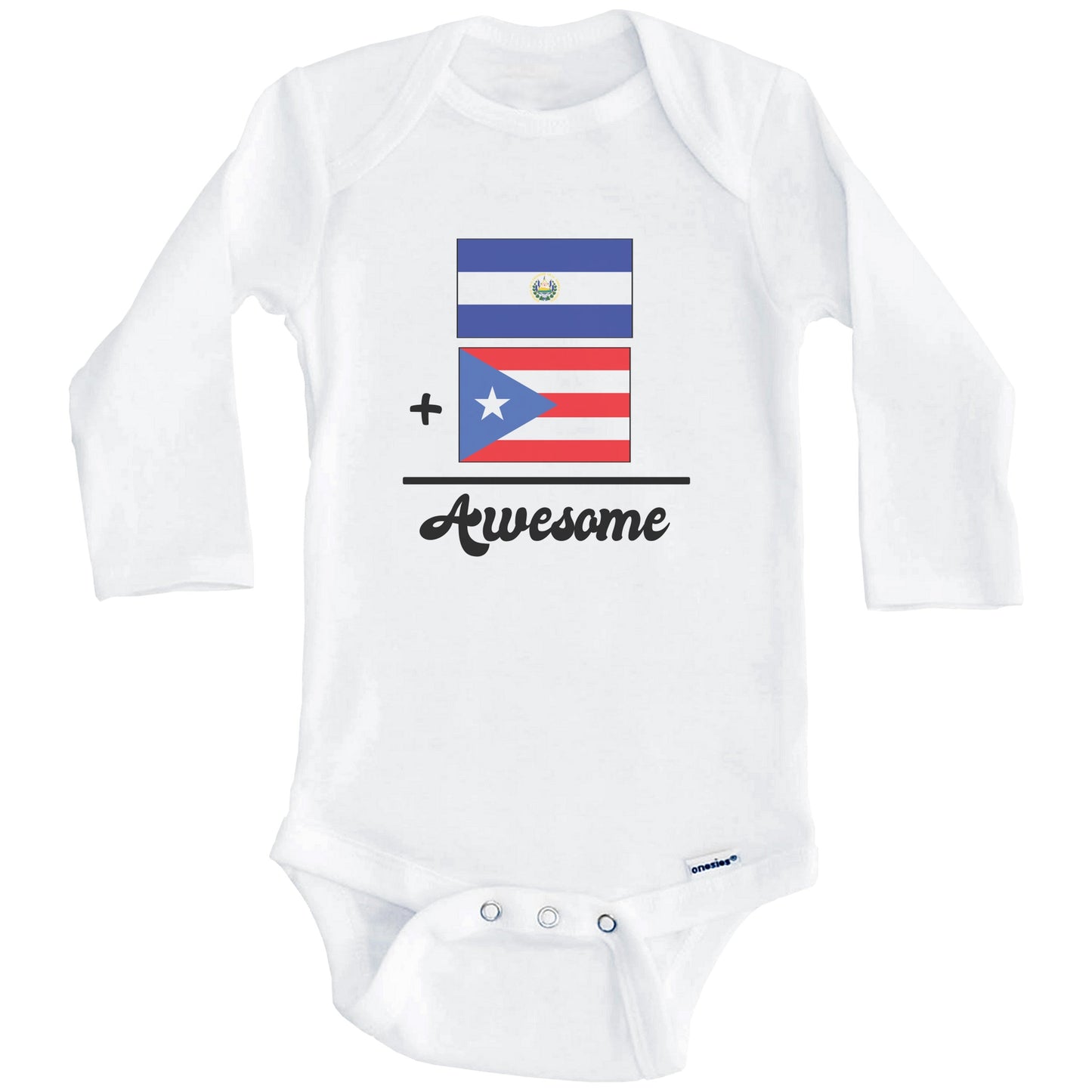 El Salvador Plus Puerto Rico Equals Awesome Cute Salvadorian Puerto Rican Flags One Piece Baby Bodysuit (Long Sleeves)