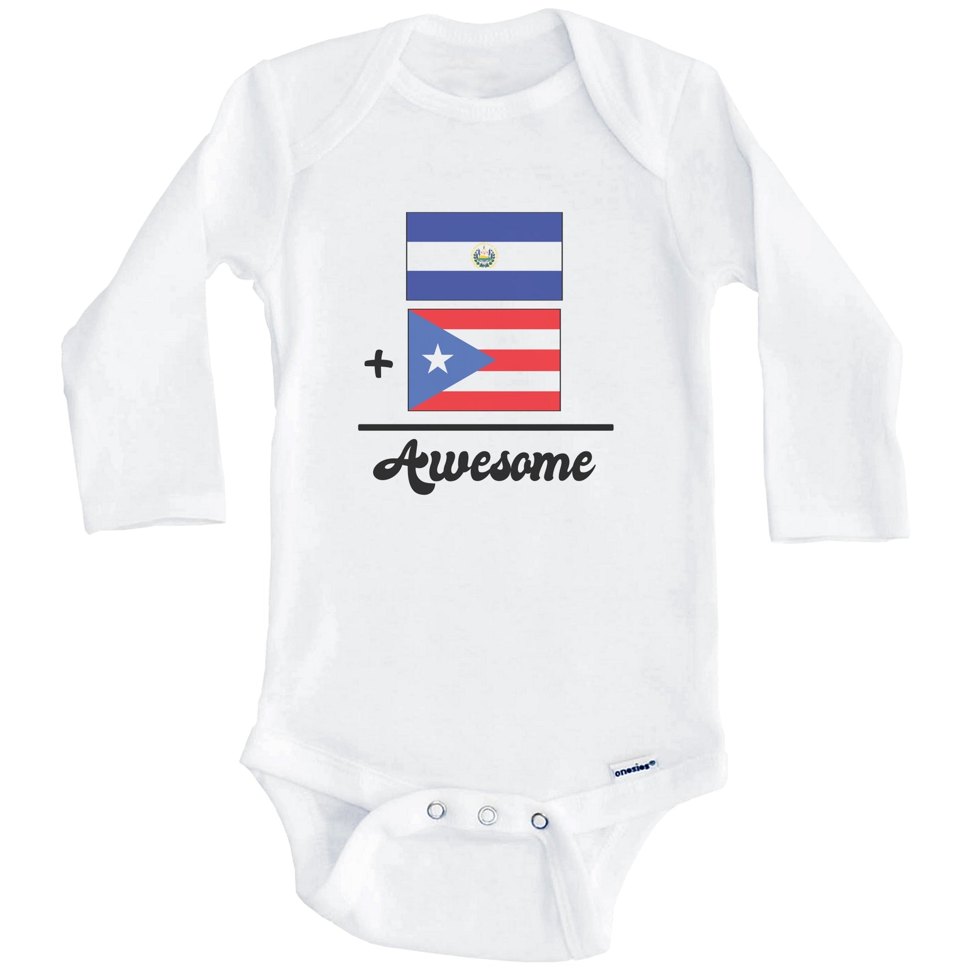 El Salvador Plus Puerto Rico Equals Awesome Cute Salvadorian Puerto Rican Flags One Piece Baby Bodysuit (Long Sleeves)