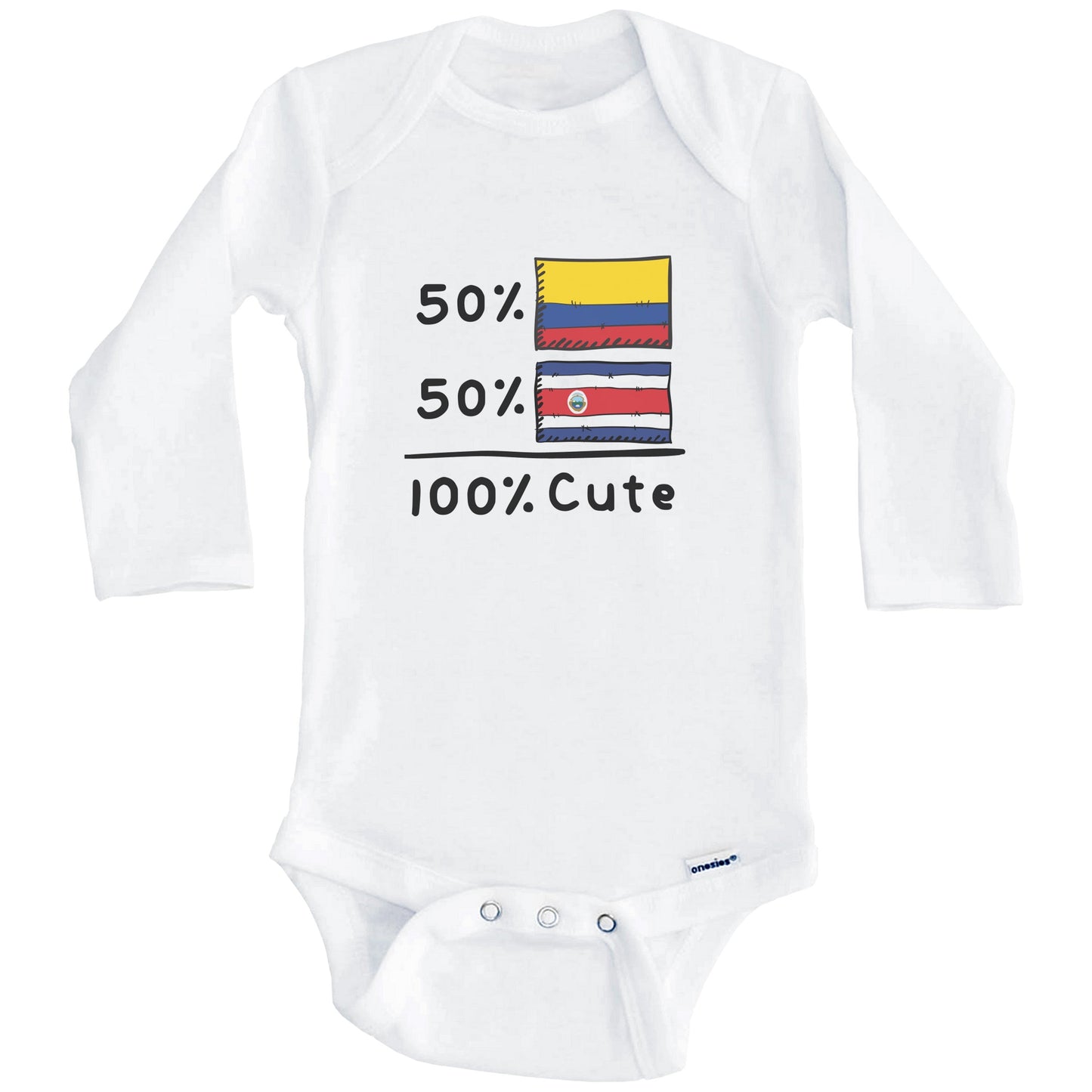 50% Colombian Plus 50% Costa Rican Equals 100% Cute Colombia Costa Rica Flags Baby Bodysuit (Long Sleeves)
