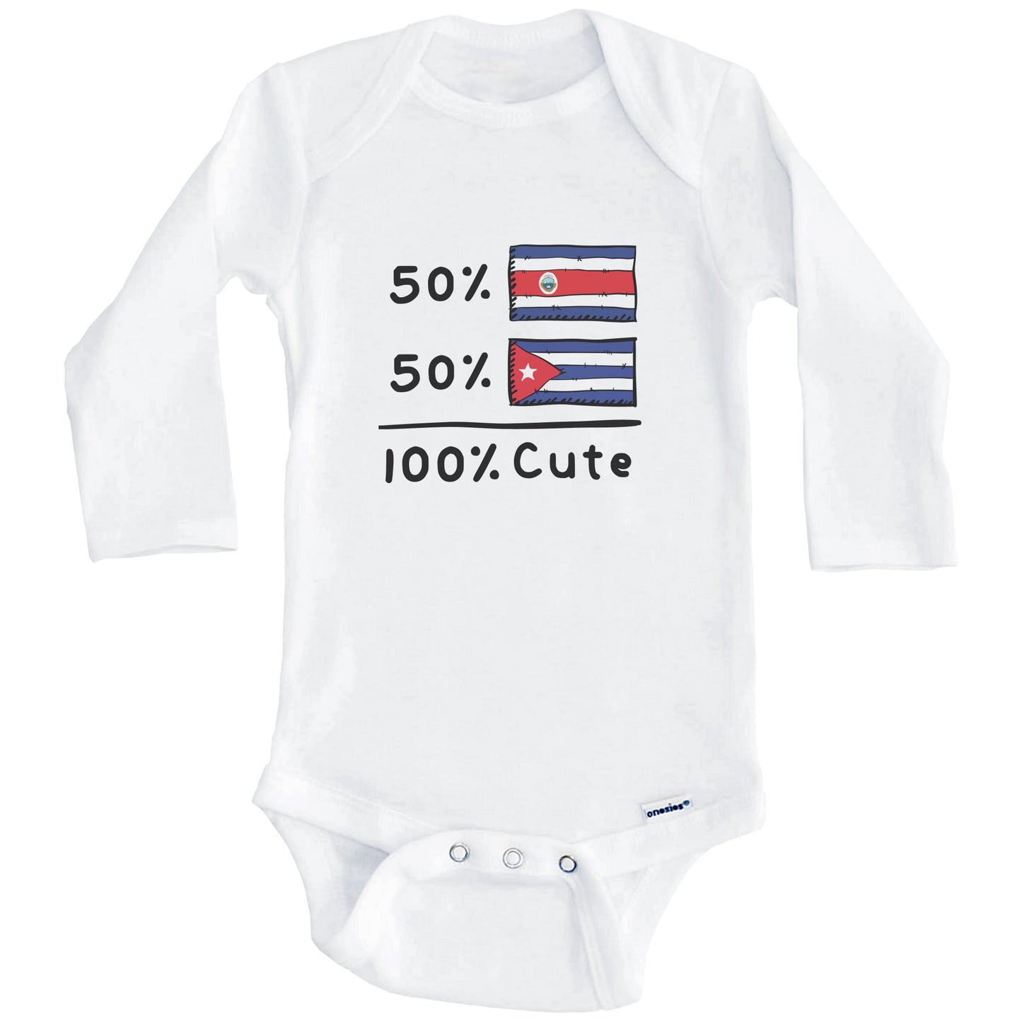 50% Costa Rican Plus 50% Cuban Equals 100% Cute Costa Rica Cuba Flags Baby Bodysuit (Long Sleeves)