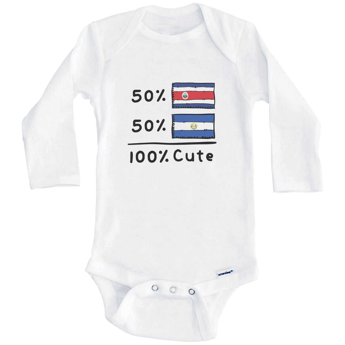 50% Costa Rican Plus 50% Salvadorian Equals 100% Cute Costa Rica El Salvador Flags Baby Bodysuit (Long Sleeves)