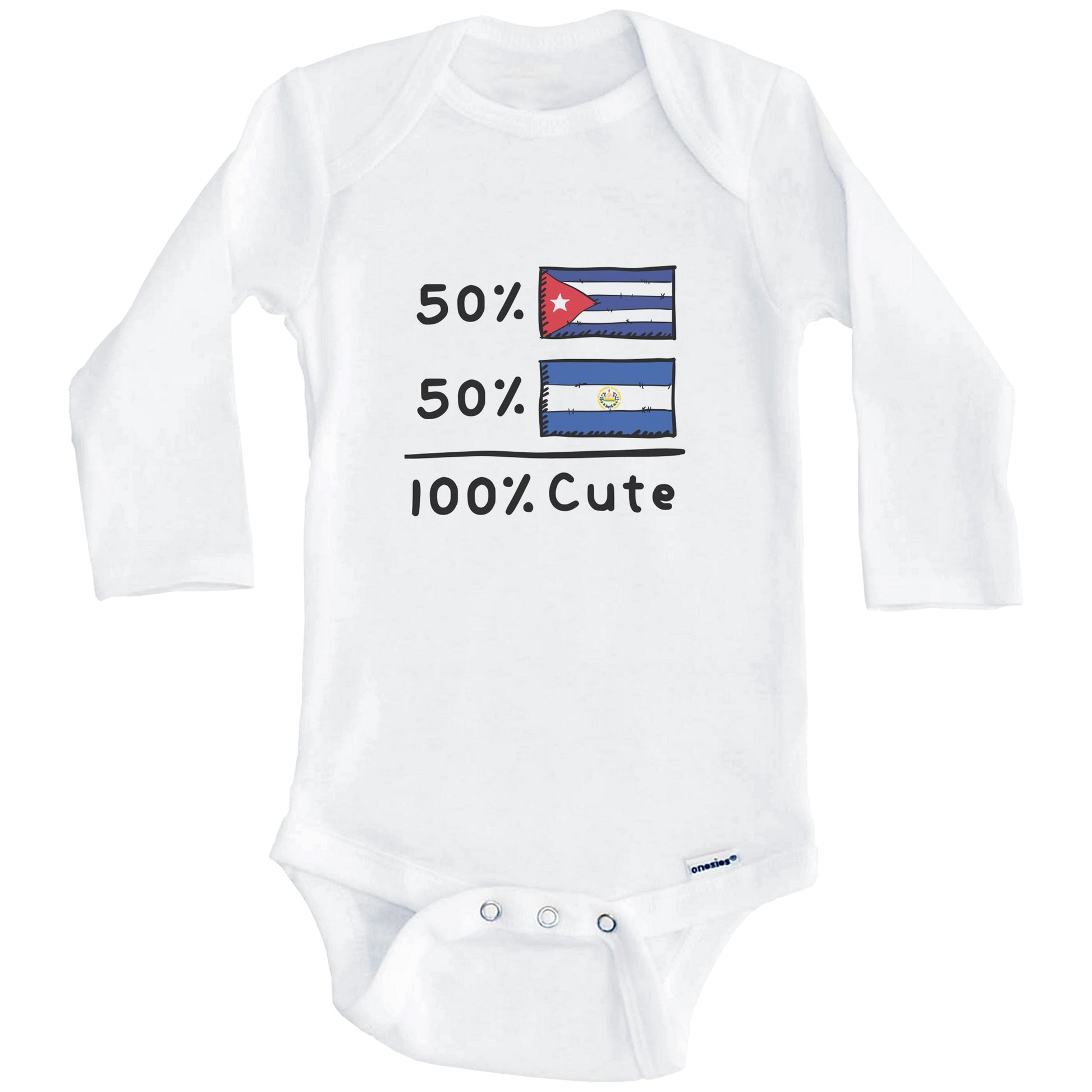 50% Cuban Plus 50% Salvadorian Equals 100% Cute Cuba El Salvador Flags Baby Bodysuit (Long Sleeves)