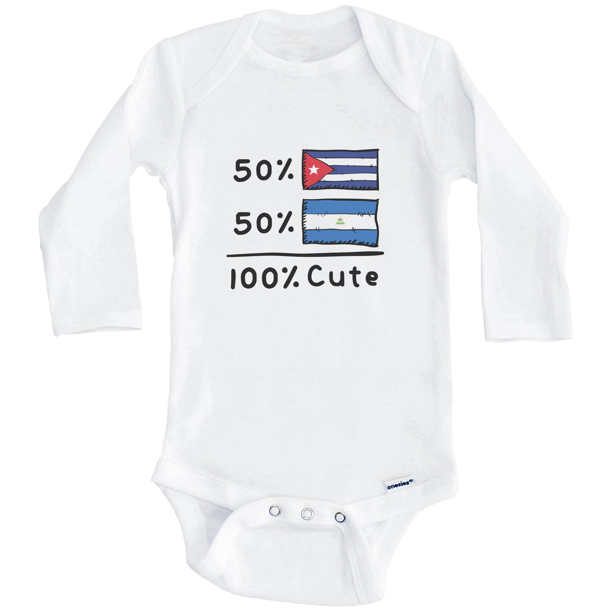 50% Cuban Plus 50% Nicaraguan Equals 100% Cute Cuba Nicaragua Flags Baby Bodysuit (Long Sleeves)