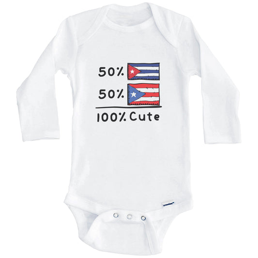 50% Cuban Plus 50% Puerto Rican Equals 100% Cute Cuba Puerto Rico Flags Baby Bodysuit (Long Sleeves)