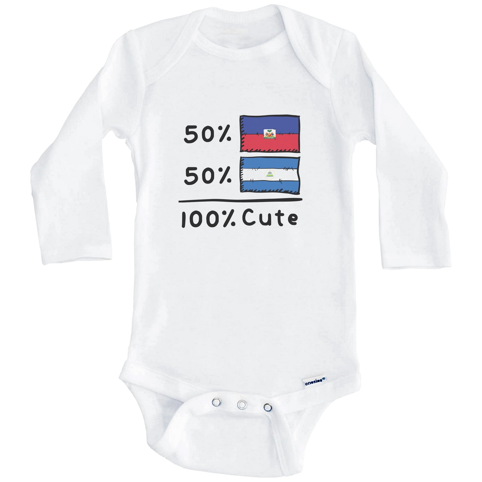 50% Haitian Plus 50% Nicaraguan Equals 100% Cute Haiti Nicaragua Flags Baby Bodysuit (Long Sleeves)