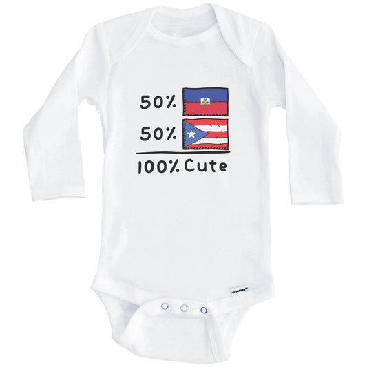 50% Haitian Plus 50% Puerto Rican Equals 100% Cute Haiti Puerto Rico Flags Baby Bodysuit (Long Sleeves)