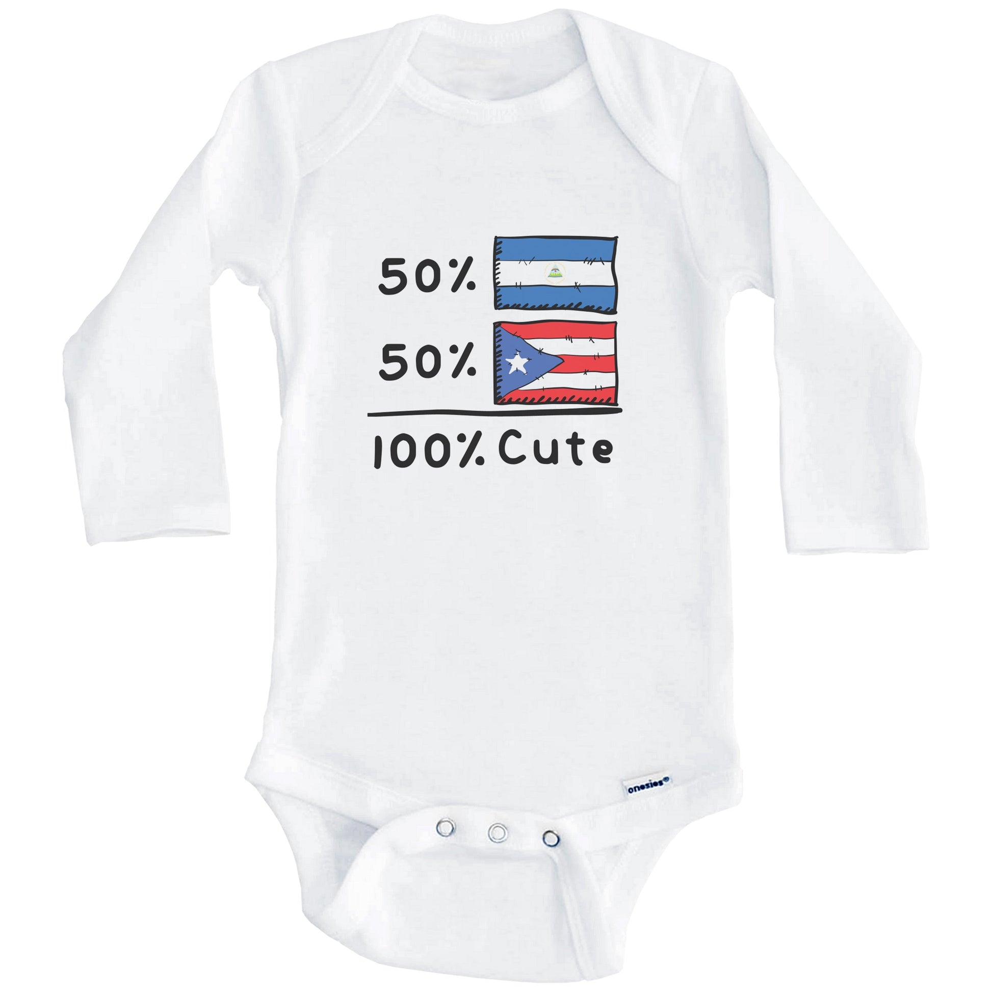 50% Nicaraguan Plus 50% Puerto Rican Equals 100% Cute Nicaragua Puerto Rico Flags Baby Bodysuit (Long Sleeves)