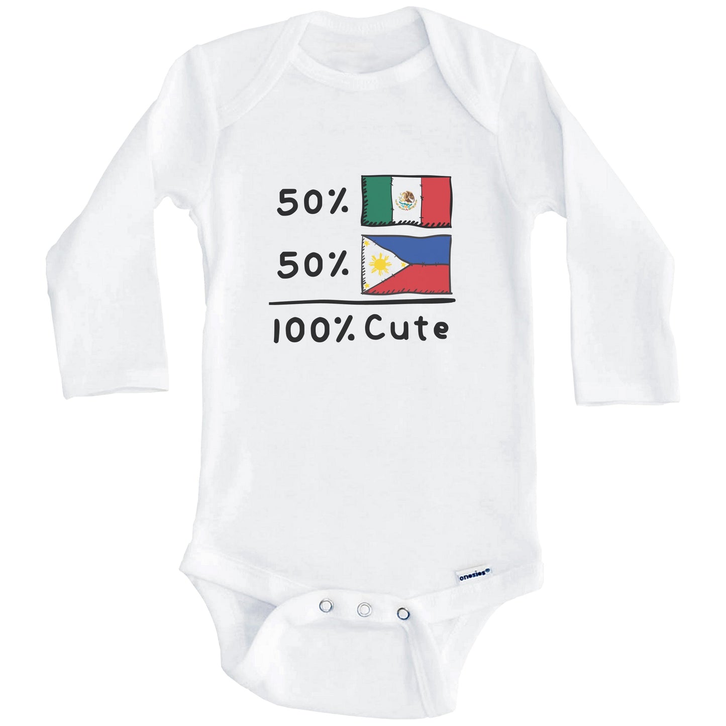 50% Mexican Plus 50% Filipino Equals 100% Cute Mexico Philippines Flags Baby Bodysuit (Long Sleeves)