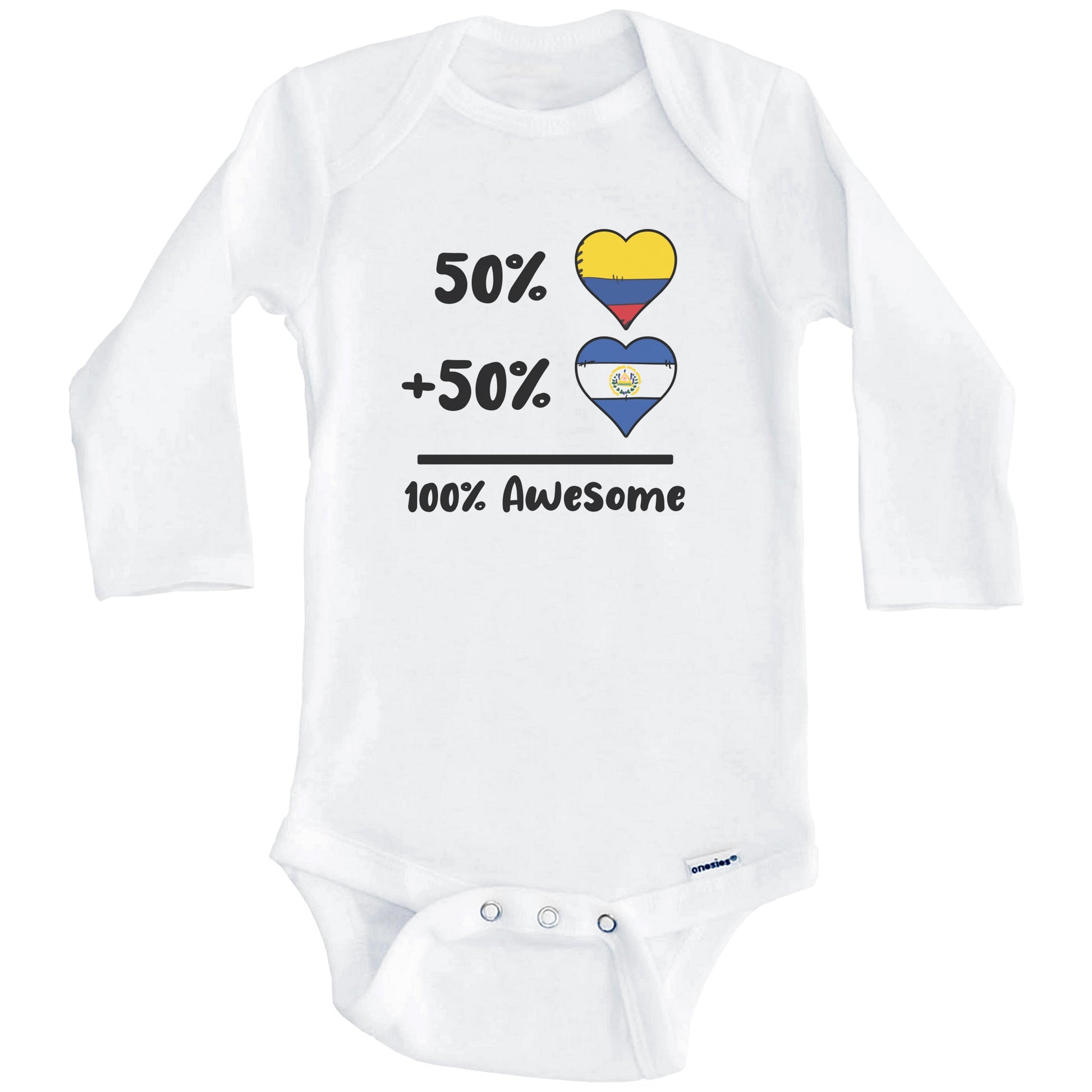 50% Colombian Plus 50% Salvadorian 100% Awesome Colombia El Salvador Heart Flags Baby Bodysuit (Long Sleeves)