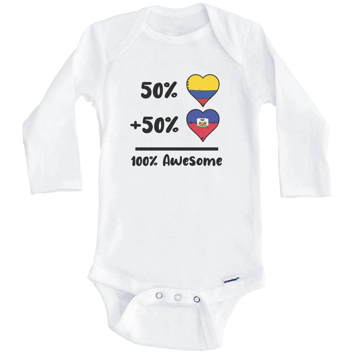 50% Colombian Plus 50% Haitian 100% Awesome Colombia Haiti Heart Flags Baby Bodysuit (Long Sleeves)