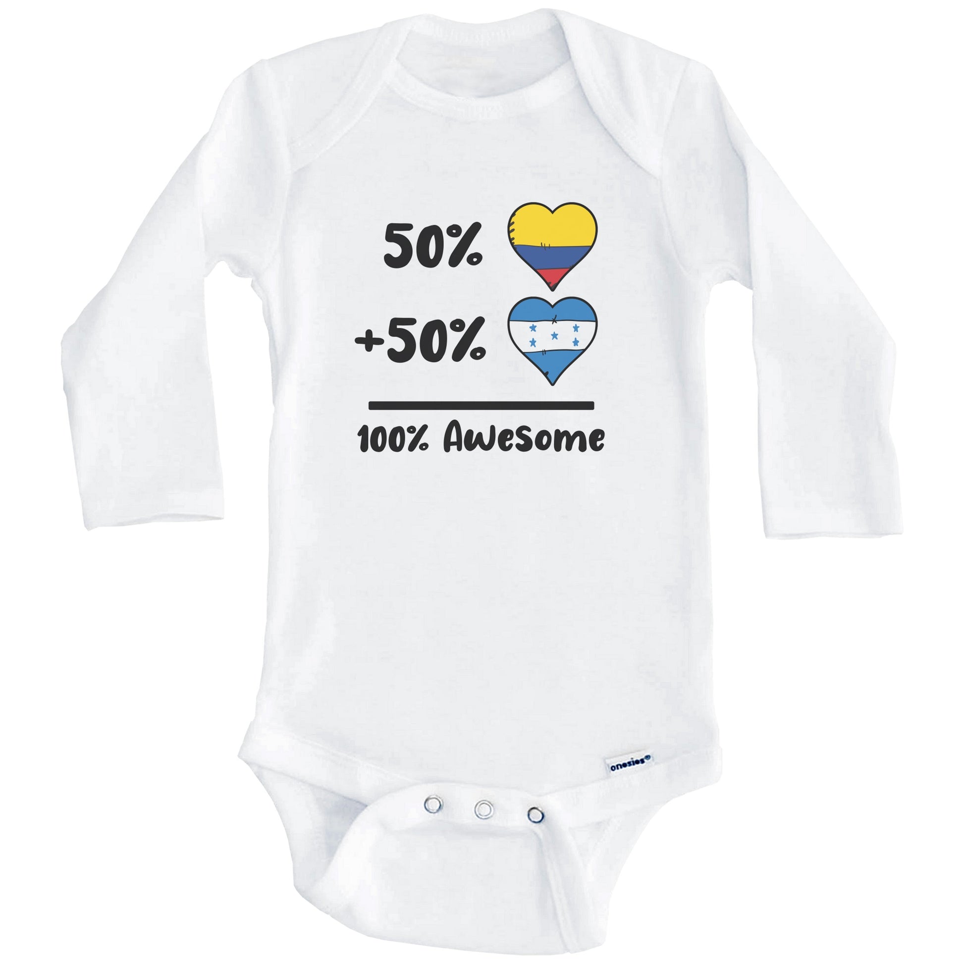 50% Colombian Plus 50% Honduran 100% Awesome Colombia Honduras Heart Flags Baby Bodysuit (Long Sleeves)