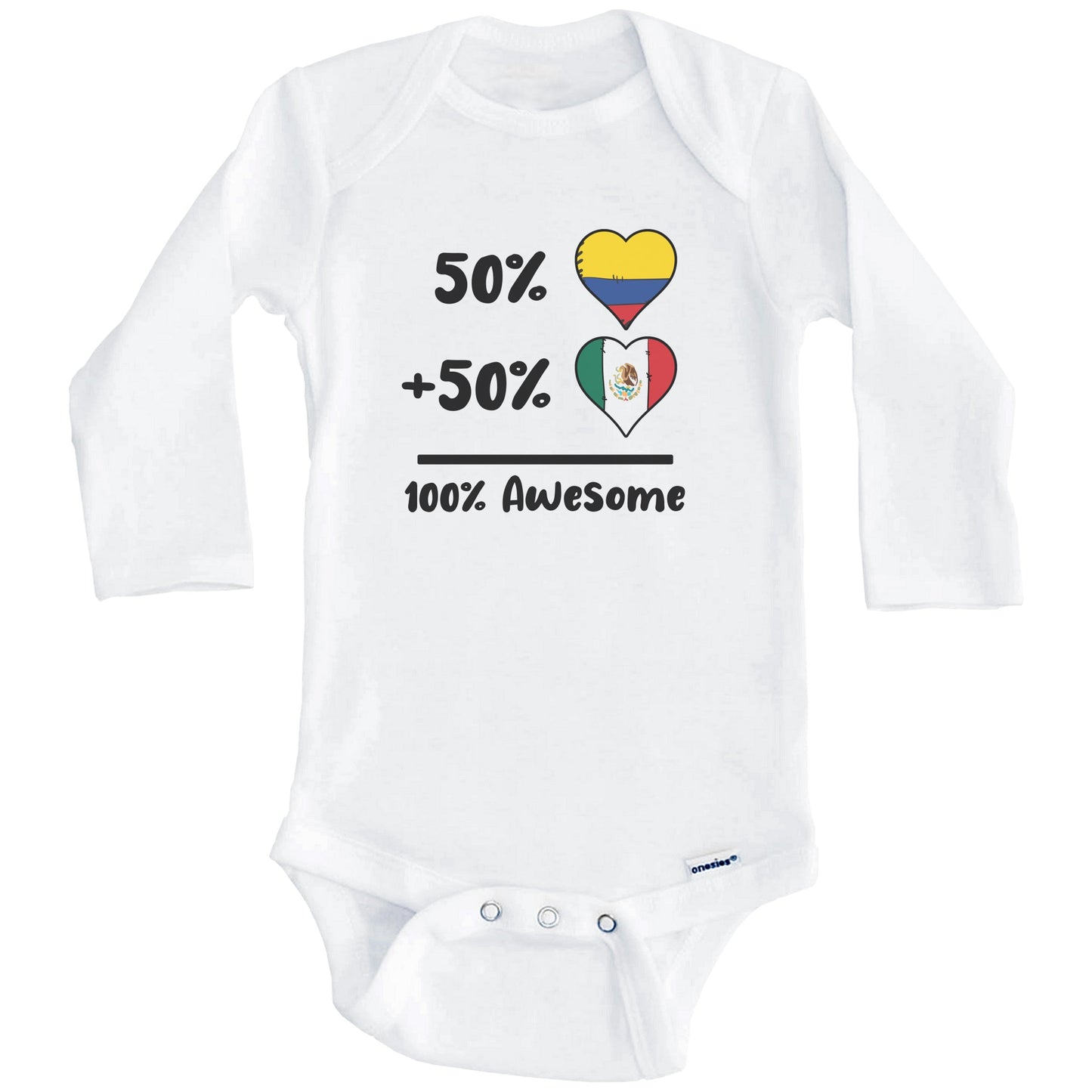 50% Colombian Plus 50% Mexican 100% Awesome Colombia Mexico Heart Flags Baby Bodysuit (Long Sleeves)