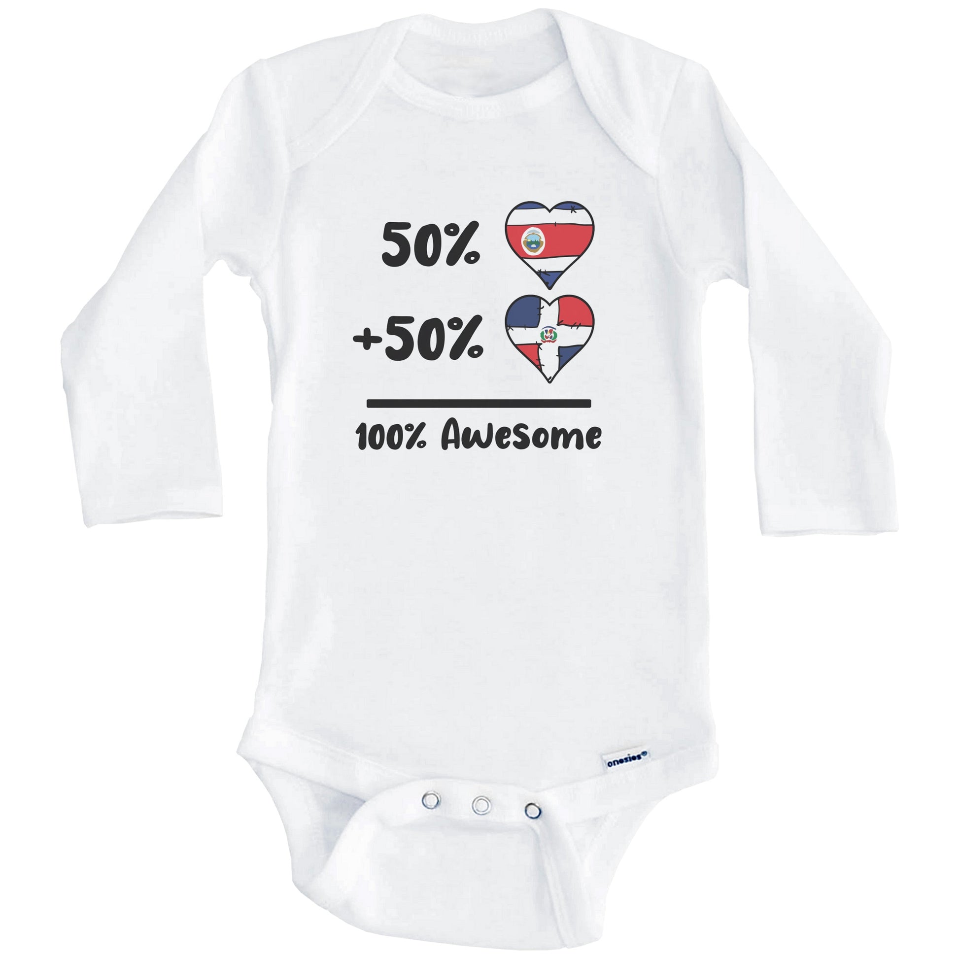 50% Costa Rican Plus 50% Dominican 100% Awesome Costa Rica Dominican Republic Heart Flags Baby Bodysuit (Long Sleeves)