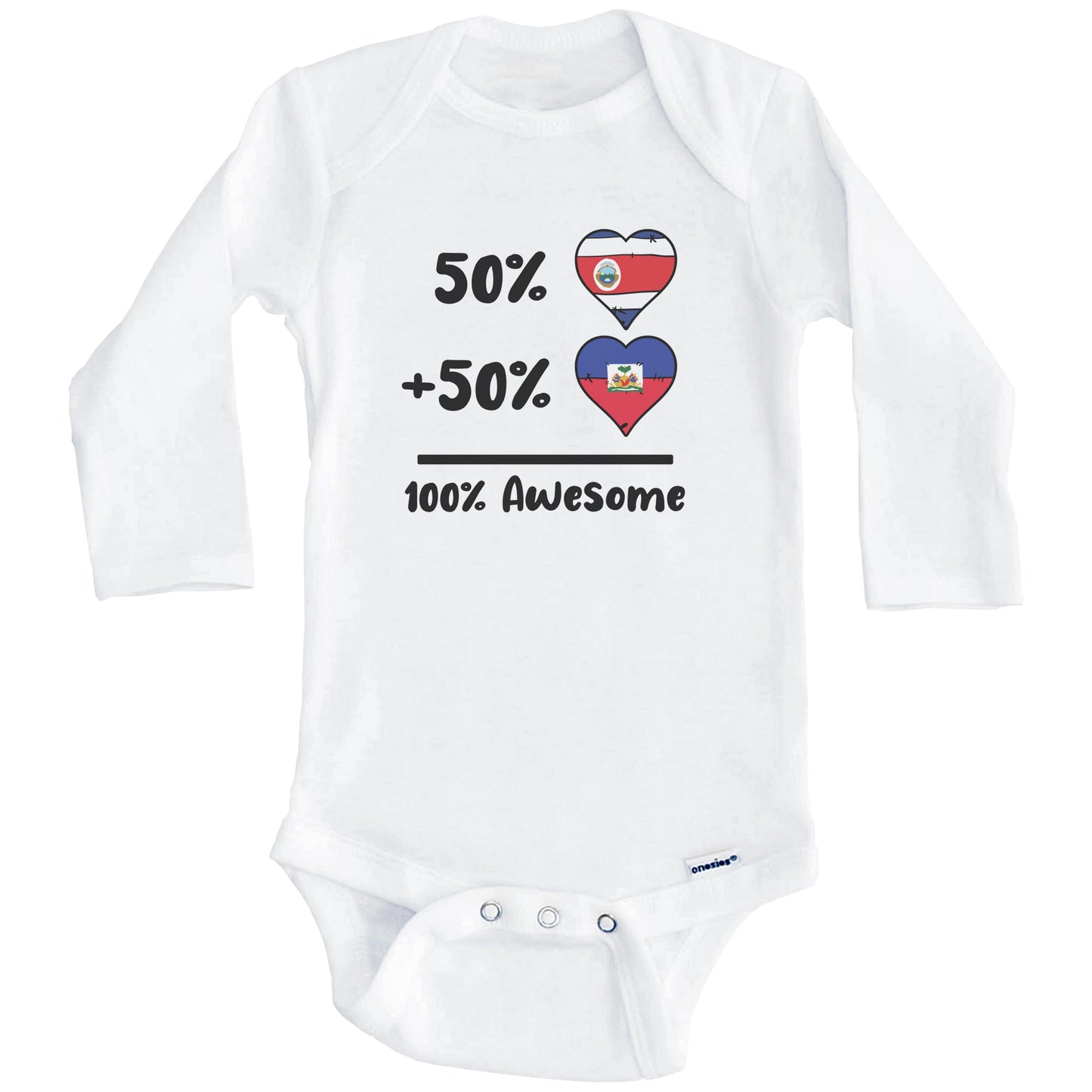 50% Costa Rican Plus 50% Haitian 100% Awesome Costa Rica Haiti Heart Flags Baby Bodysuit (Long Sleeves)
