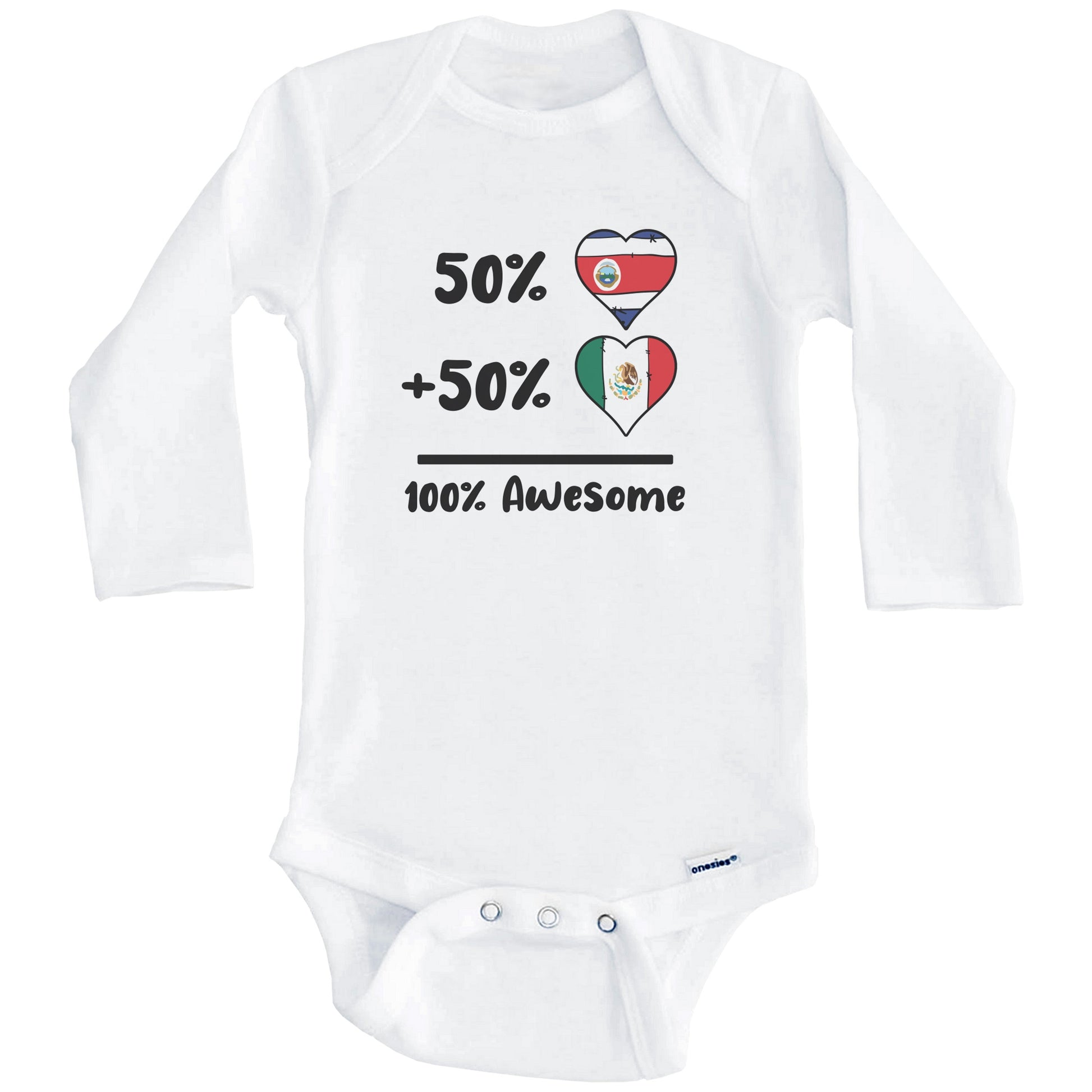 50% Costa Rican Plus 50% Mexican 100% Awesome Costa Rica Mexico Heart Flags Baby Bodysuit (Long Sleeves)