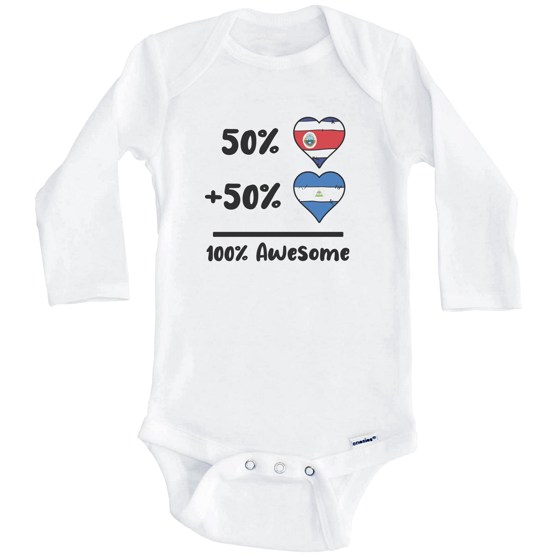 50% Costa Rican Plus 50% Nicaraguan 100% Awesome Costa Rica Nicaragua Heart Flags Baby Bodysuit (Long Sleeves)