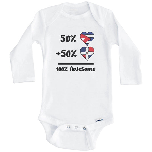 50% Cuban Plus 50% Dominican 100% Awesome Cuba Dominican Republic Heart Flags Baby Bodysuit (Long Sleeves)