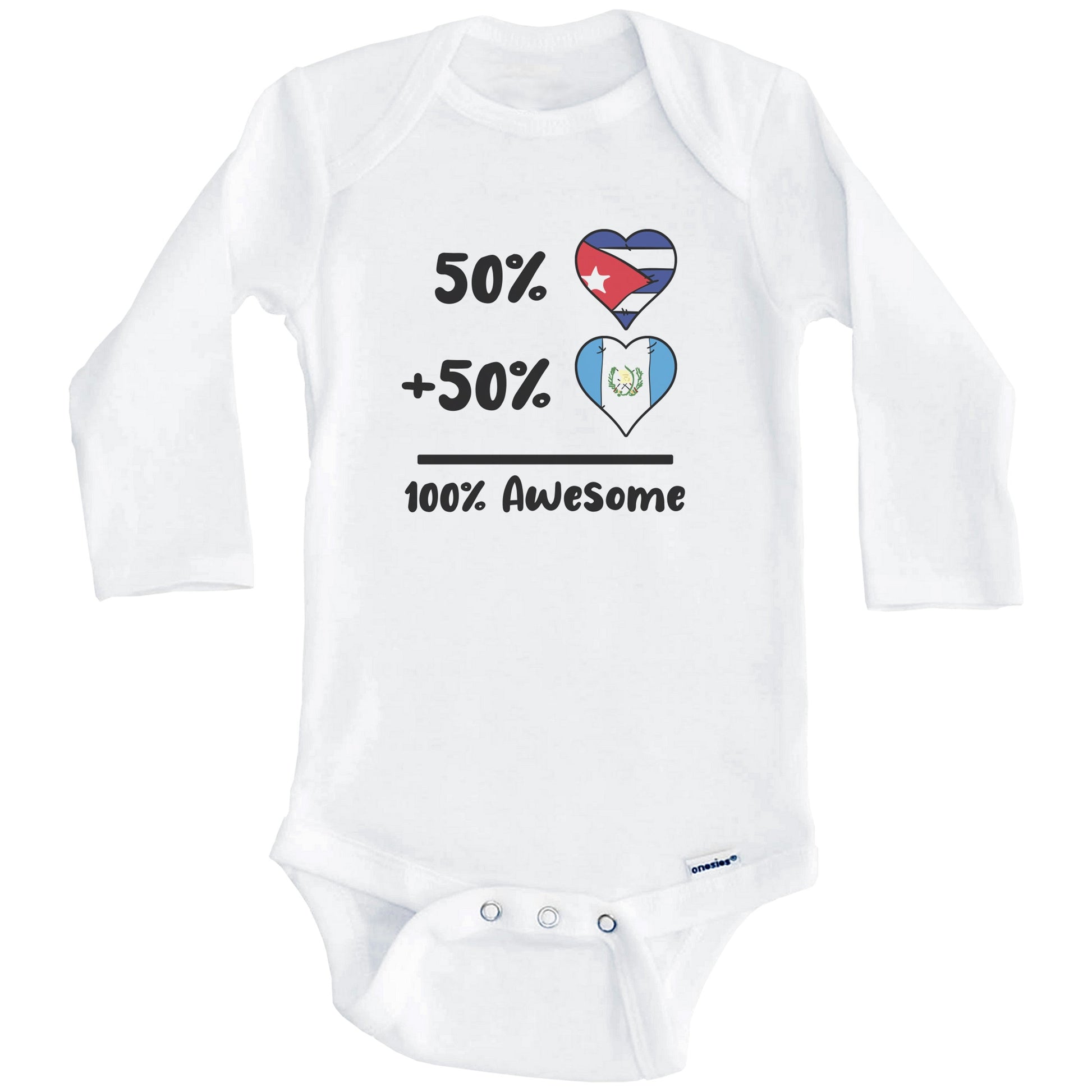 50% Cuban Plus 50% Guatemalan 100% Awesome Cuba Guatemala Heart Flags Baby Bodysuit (Long Sleeves)