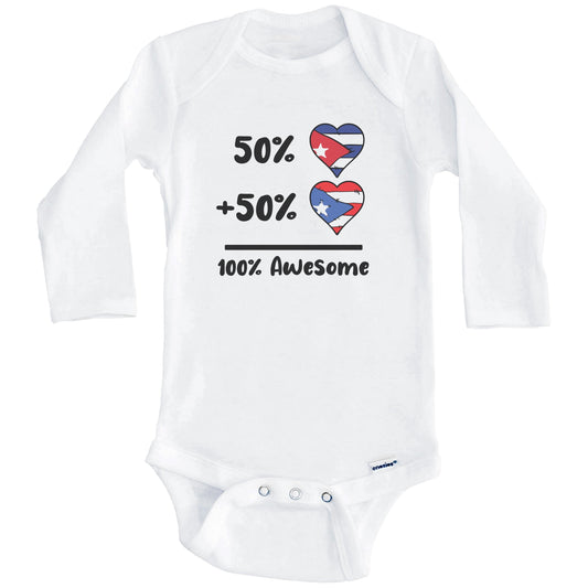 50% Cuban Plus 50% Puerto Rican 100% Awesome Cuba Puerto Rico Heart Flags Baby Bodysuit (Long Sleeves)