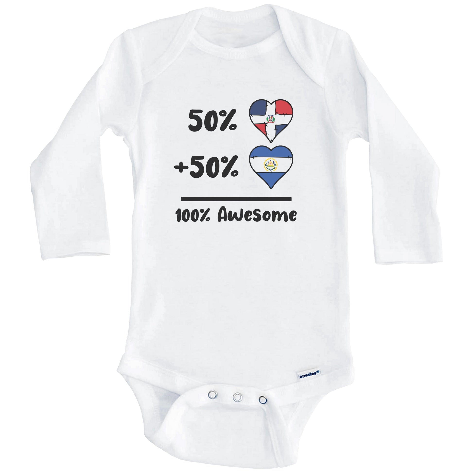 50% Dominican Plus 50% Salvadorian 100% Awesome Dominican Republic El Salvador Heart Flags Baby Bodysuit (Long Sleeves)