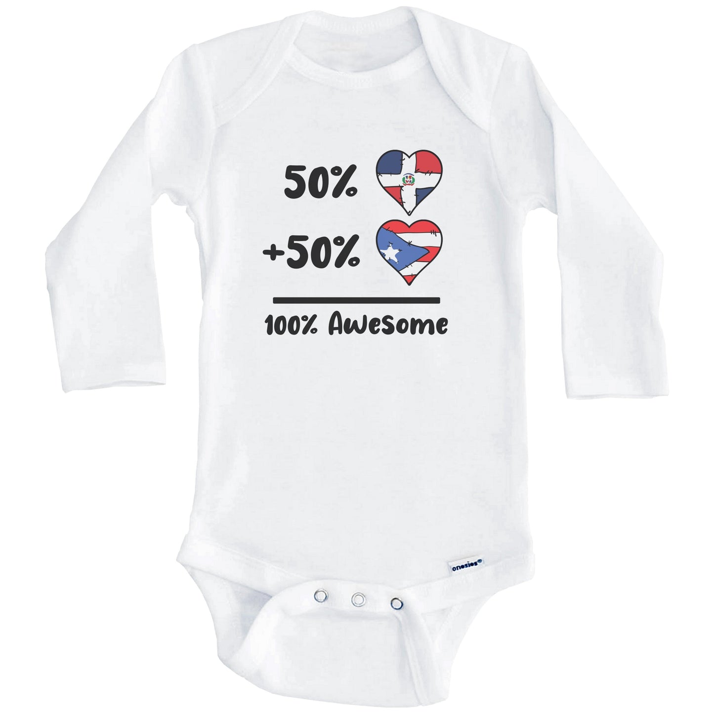 50% Dominican Plus 50% Puerto Rican 100% Awesome Dominican Republic Puerto Rico Heart Flags Baby Bodysuit (Long Sleeves)