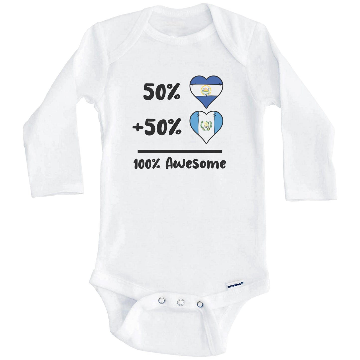 50% Salvadorian Plus 50% Guatemalan 100% Awesome El Salvador Guatemala Heart Flags Baby Bodysuit (Long Sleeves)