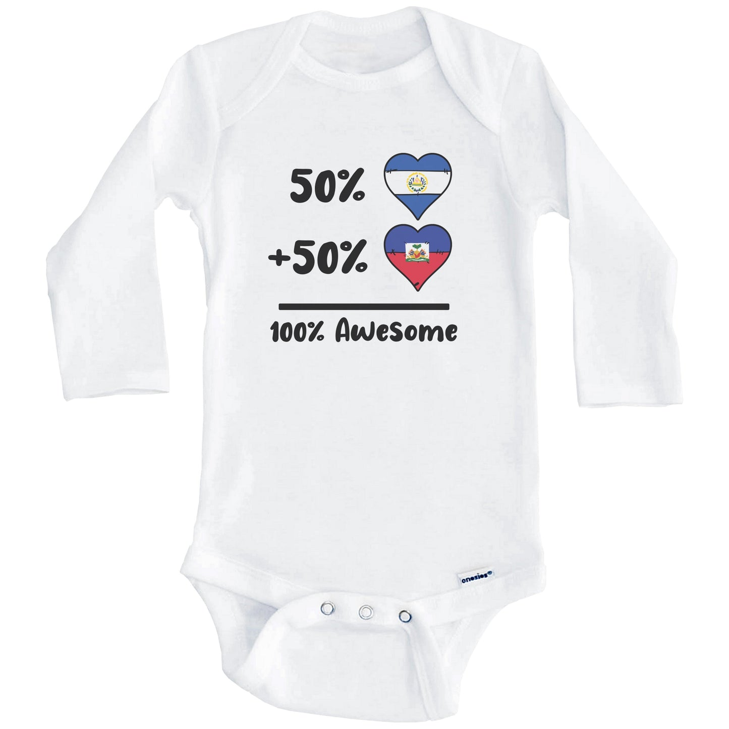 50% Salvadorian Plus 50% Haitian 100% Awesome El Salvador Haiti Heart Flags Baby Bodysuit (Long Sleeves)