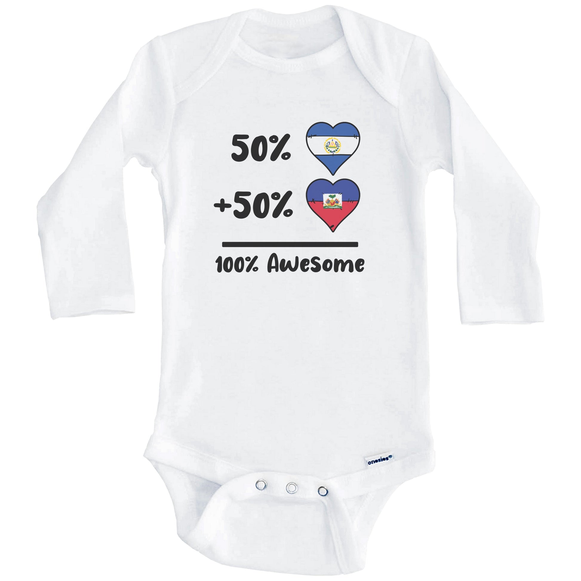 50% Salvadorian Plus 50% Haitian 100% Awesome El Salvador Haiti Heart Flags Baby Bodysuit (Long Sleeves)