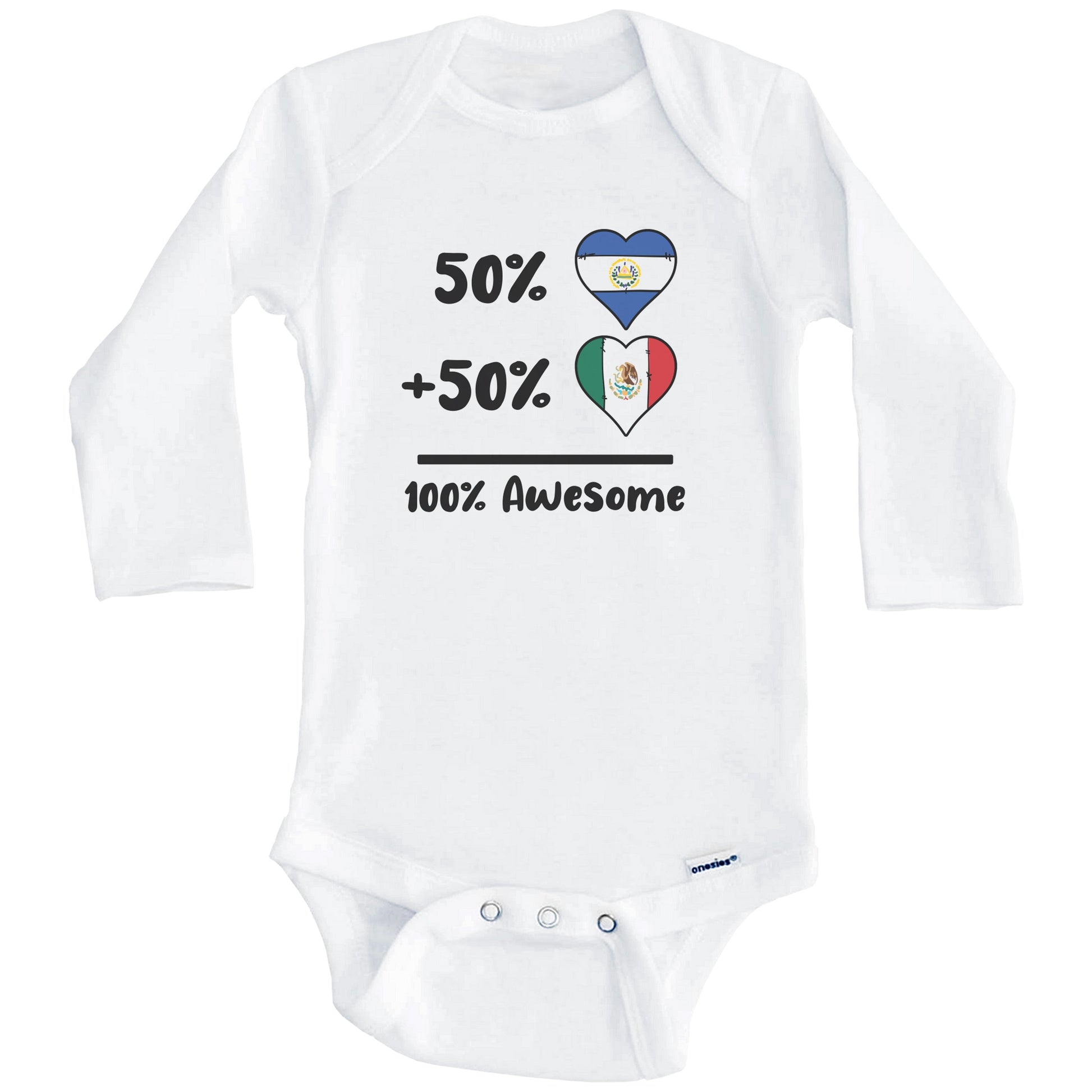 50% Salvadorian Plus 50% Mexican 100% Awesome El Salvador Mexico Heart Flags Baby Bodysuit (Long Sleeves)
