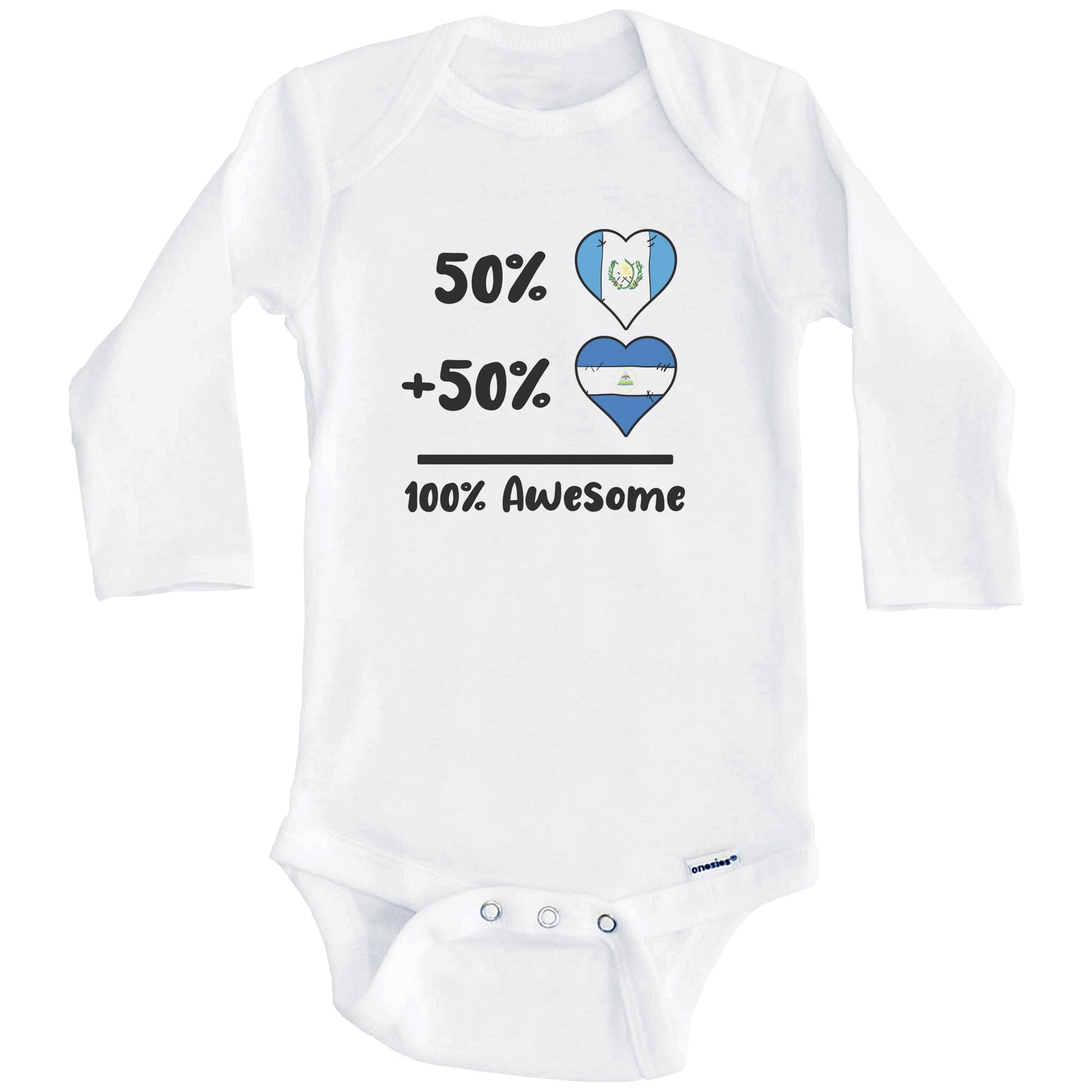 50% Guatemalan Plus 50% Nicaraguan 100% Awesome Guatemala Nicaragua Heart Flags Baby Bodysuit (Long Sleeves)