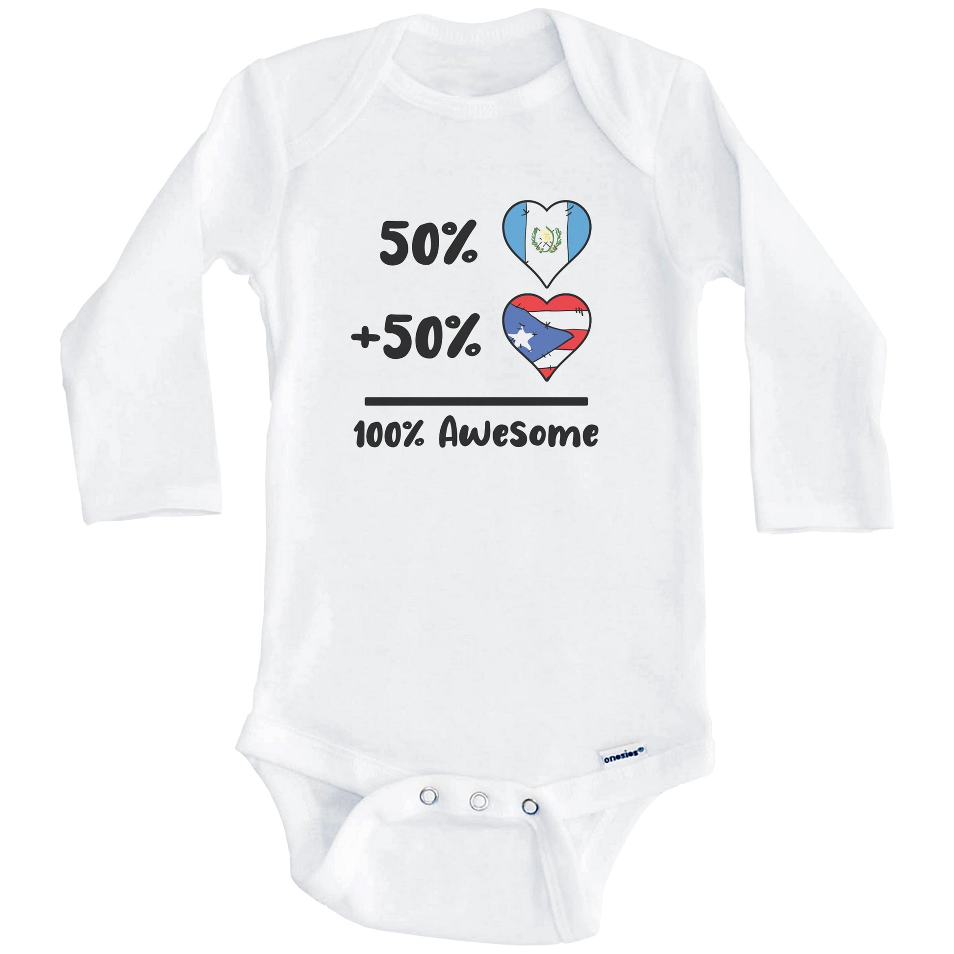 50% Guatemalan Plus 50% Puerto Rican 100% Awesome Guatemala Puerto Rico Heart Flags Baby Bodysuit (Long Sleeves)