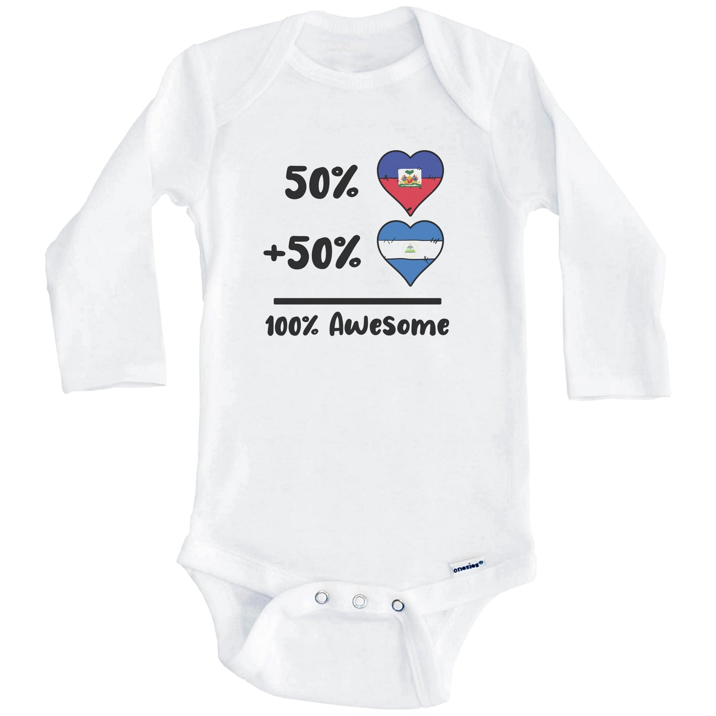50% Haitian Plus 50% Nicaraguan 100% Awesome Haiti Nicaragua Heart Flags Baby Bodysuit (Long Sleeves)