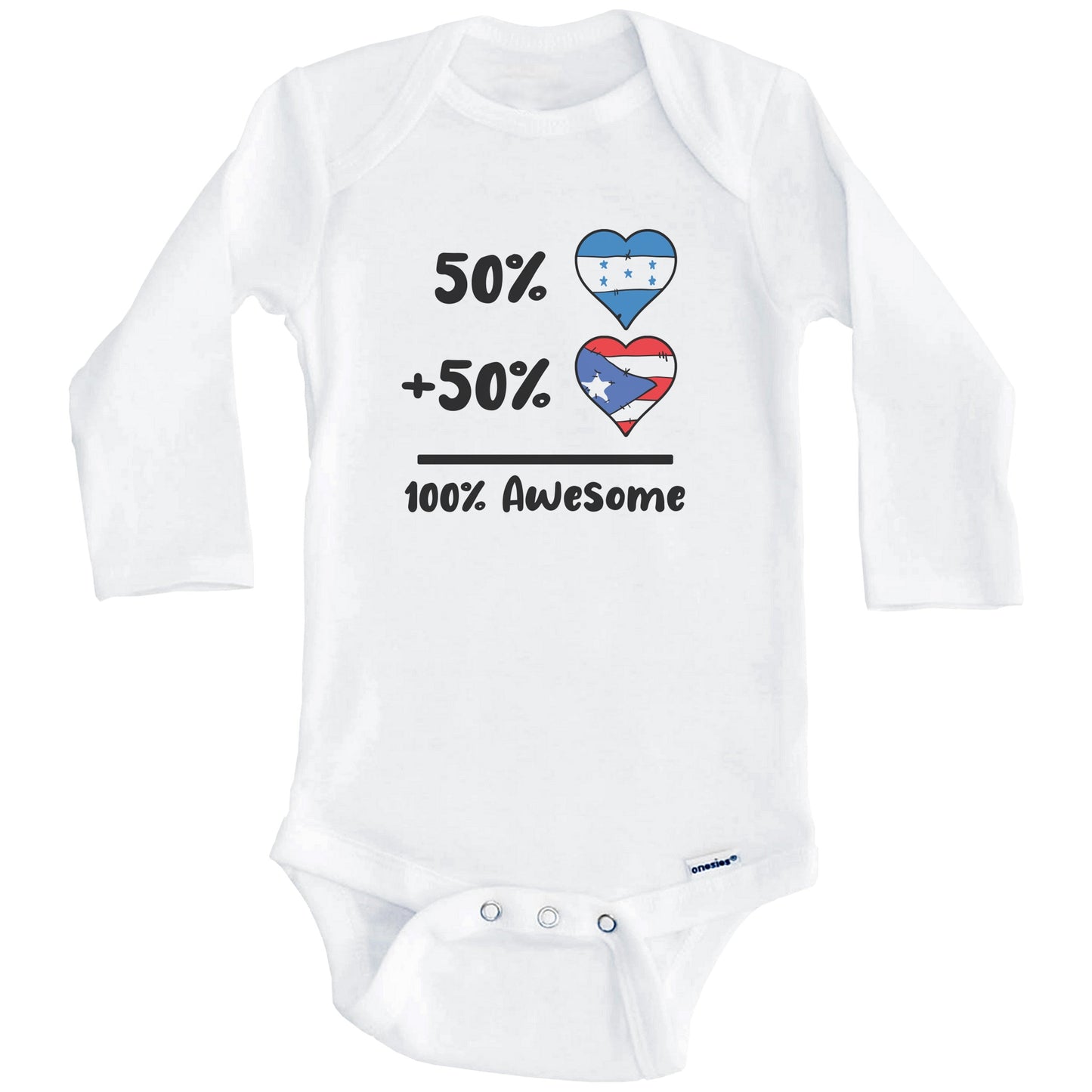 50% Honduran Plus 50% Puerto Rican 100% Awesome Honduras Puerto Rico Heart Flags Baby Bodysuit (Long Sleeves)