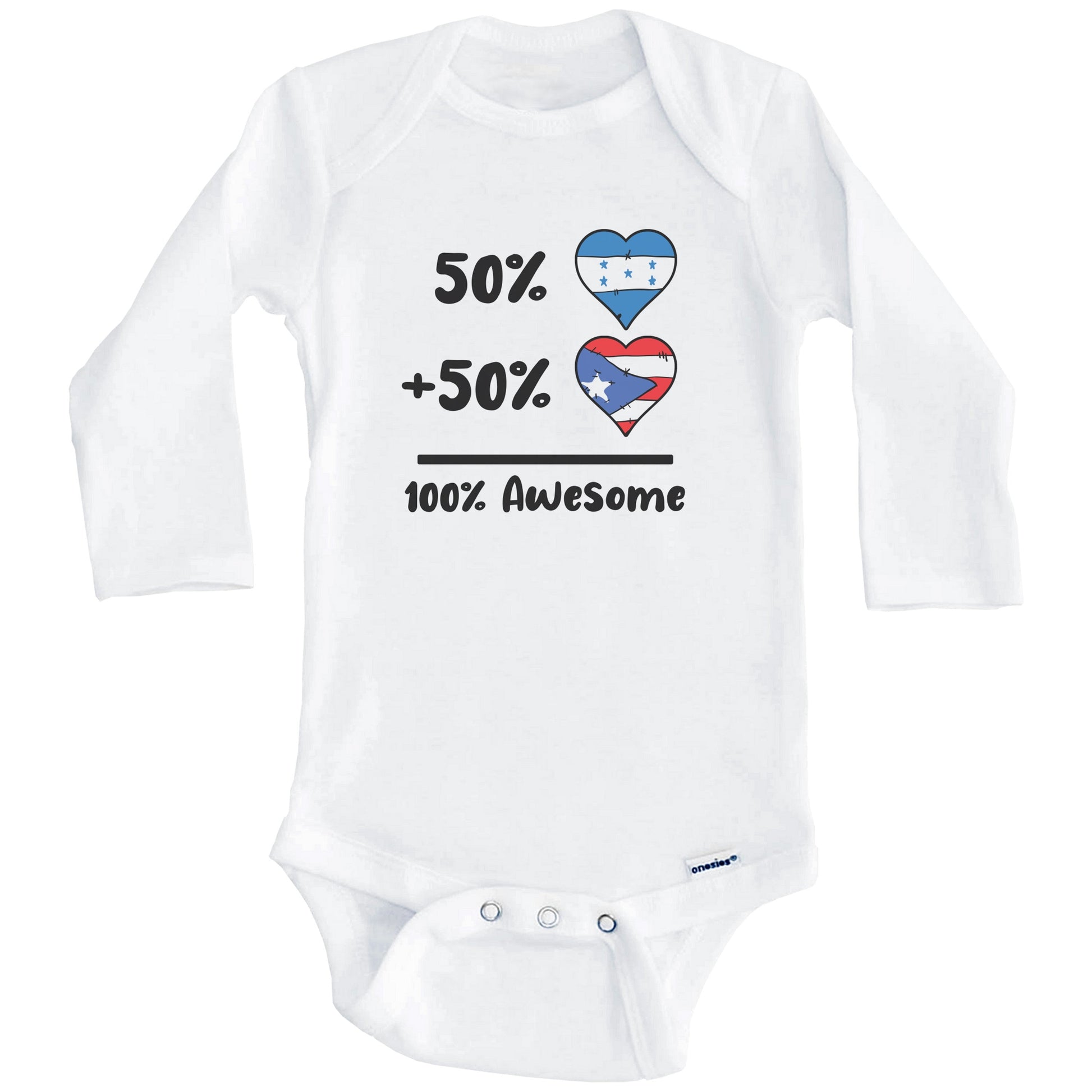 50% Honduran Plus 50% Puerto Rican 100% Awesome Honduras Puerto Rico Heart Flags Baby Bodysuit (Long Sleeves)