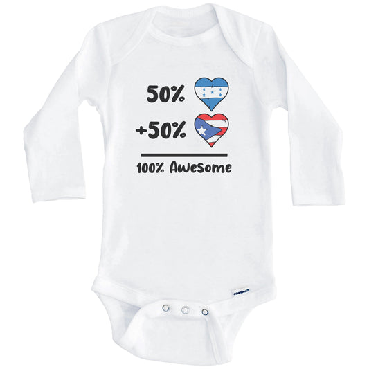 50% Honduran Plus 50% Puerto Rican 100% Awesome Honduras Puerto Rico Heart Flags Baby Bodysuit (Long Sleeves)