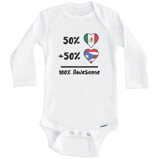 50% Mexican Plus 50% Puerto Rican 100% Awesome Mexico Puerto Rico Heart Flags Baby Bodysuit (Long Sleeves)