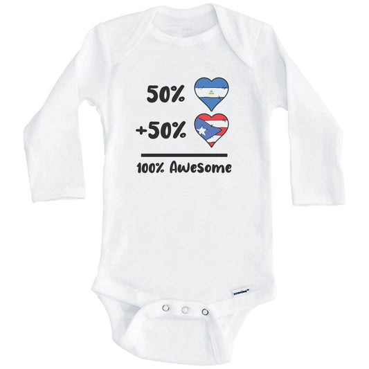 50% Nicaraguan Plus 50% Puerto Rican 100% Awesome Nicaragua Puerto Rico Heart Flags Baby Bodysuit (Long Sleeves)