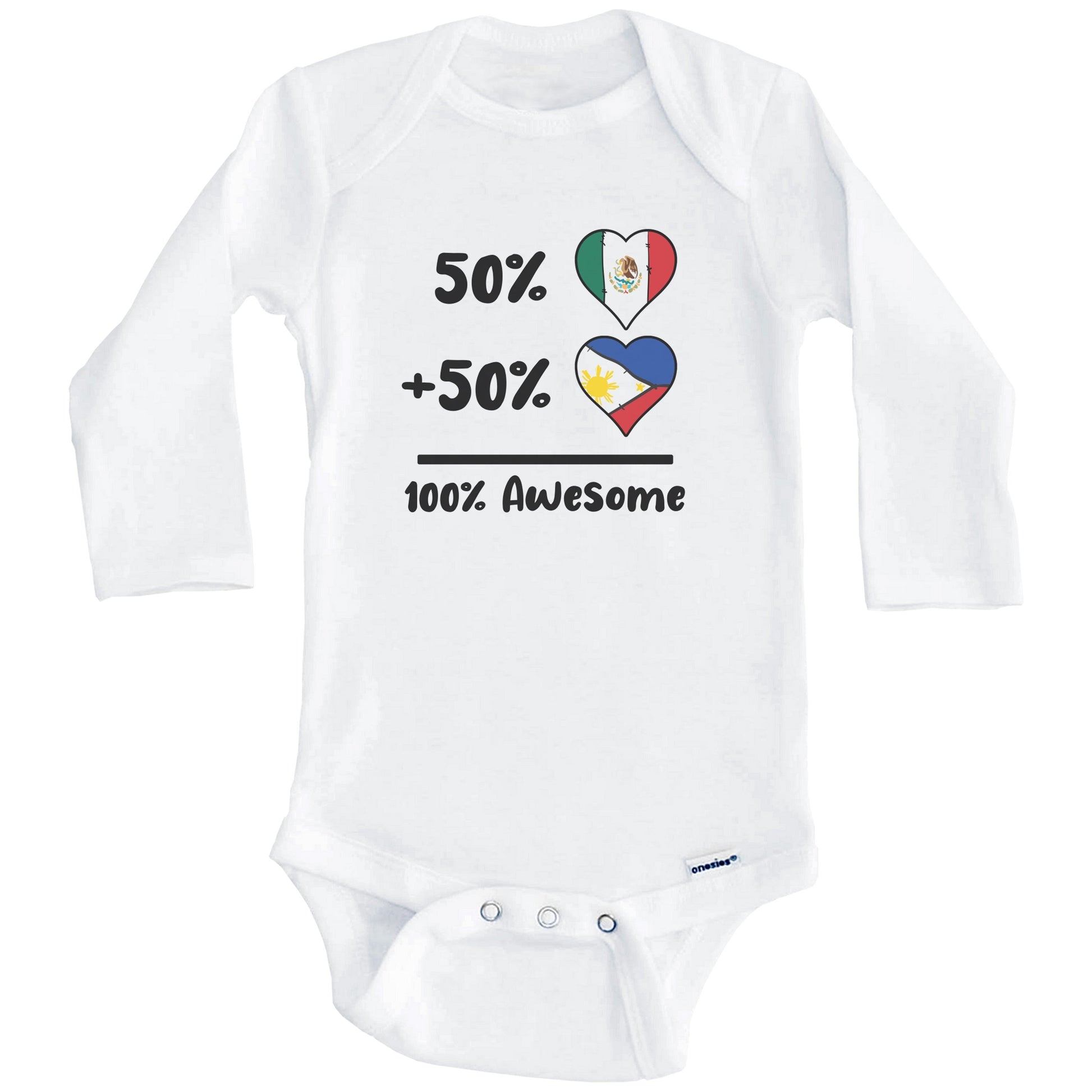 50% Mexican Plus 50% Filipino 100% Awesome Mexico Philippines Heart Flags Baby Bodysuit (Long Sleeves)