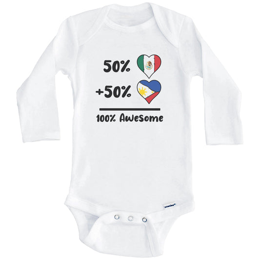 50% Mexican Plus 50% Filipino 100% Awesome Mexico Philippines Heart Flags Baby Bodysuit (Long Sleeves)