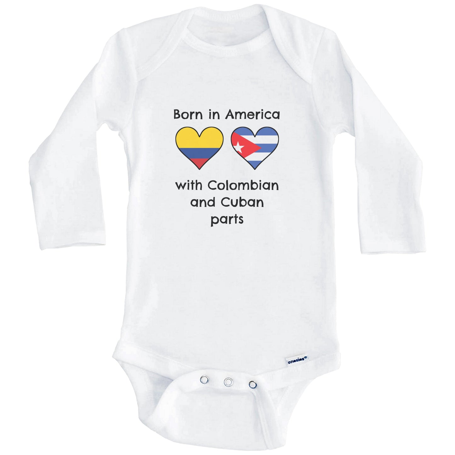 Born In America With Colombian and Cuban Parts Funny Colombia Cuba Flags One Piece Baby Bodysuit (Long Sleeves)