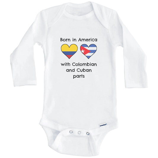 Born In America With Colombian and Cuban Parts Funny Colombia Cuba Flags One Piece Baby Bodysuit (Long Sleeves)