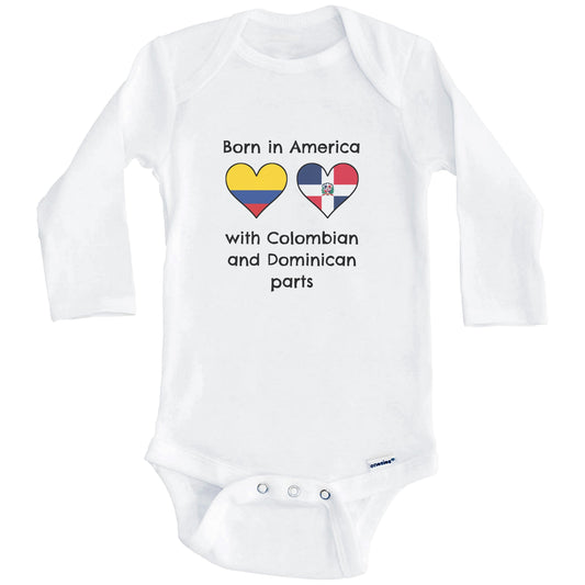 Born In America With Colombian and Dominican Parts Funny Colombia Dominican Republic Flags One Piece Baby Bodysuit (Long Sleeves)