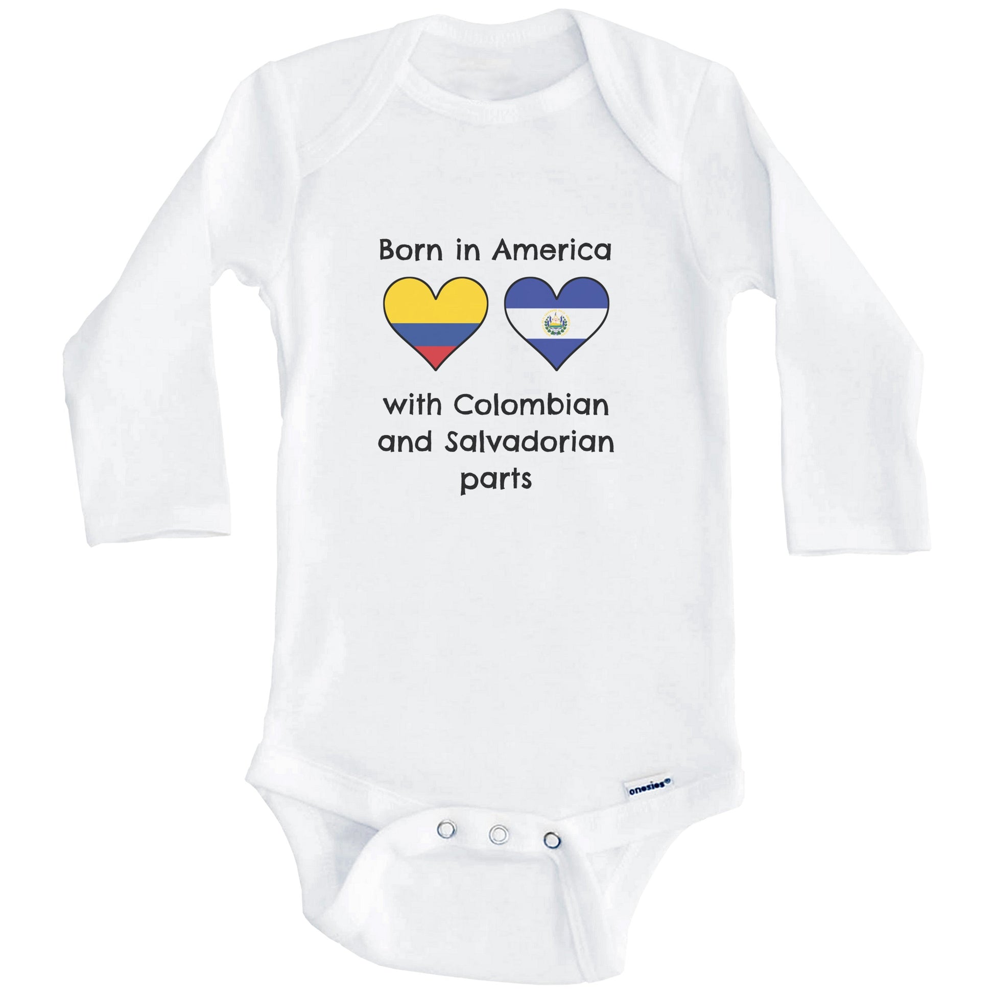 Born In America With Colombian and Salvadorian Parts Funny Colombia El Salvador Flags One Piece Baby Bodysuit (Long Sleeves)