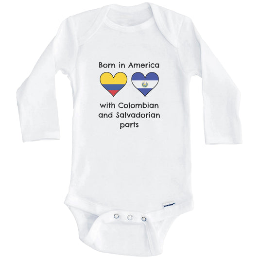 Born In America With Colombian and Salvadorian Parts Funny Colombia El Salvador Flags One Piece Baby Bodysuit (Long Sleeves)