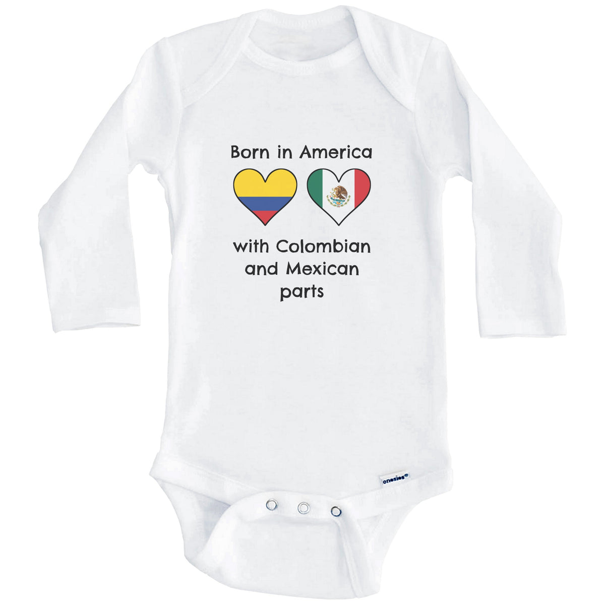 Born In America With Colombian and Mexican Parts Funny Colombia Mexico Flags One Piece Baby Bodysuit (Long Sleeves)