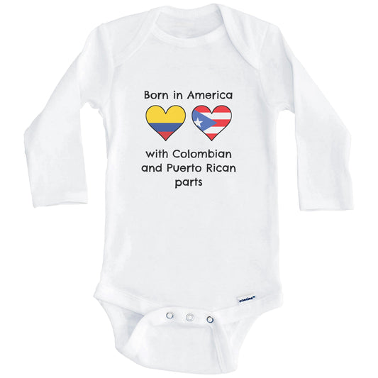 Born In America With Colombian and Puerto Rican Parts Funny Colombia Puerto Rico Flags One Piece Baby Bodysuit (Long Sleeves)