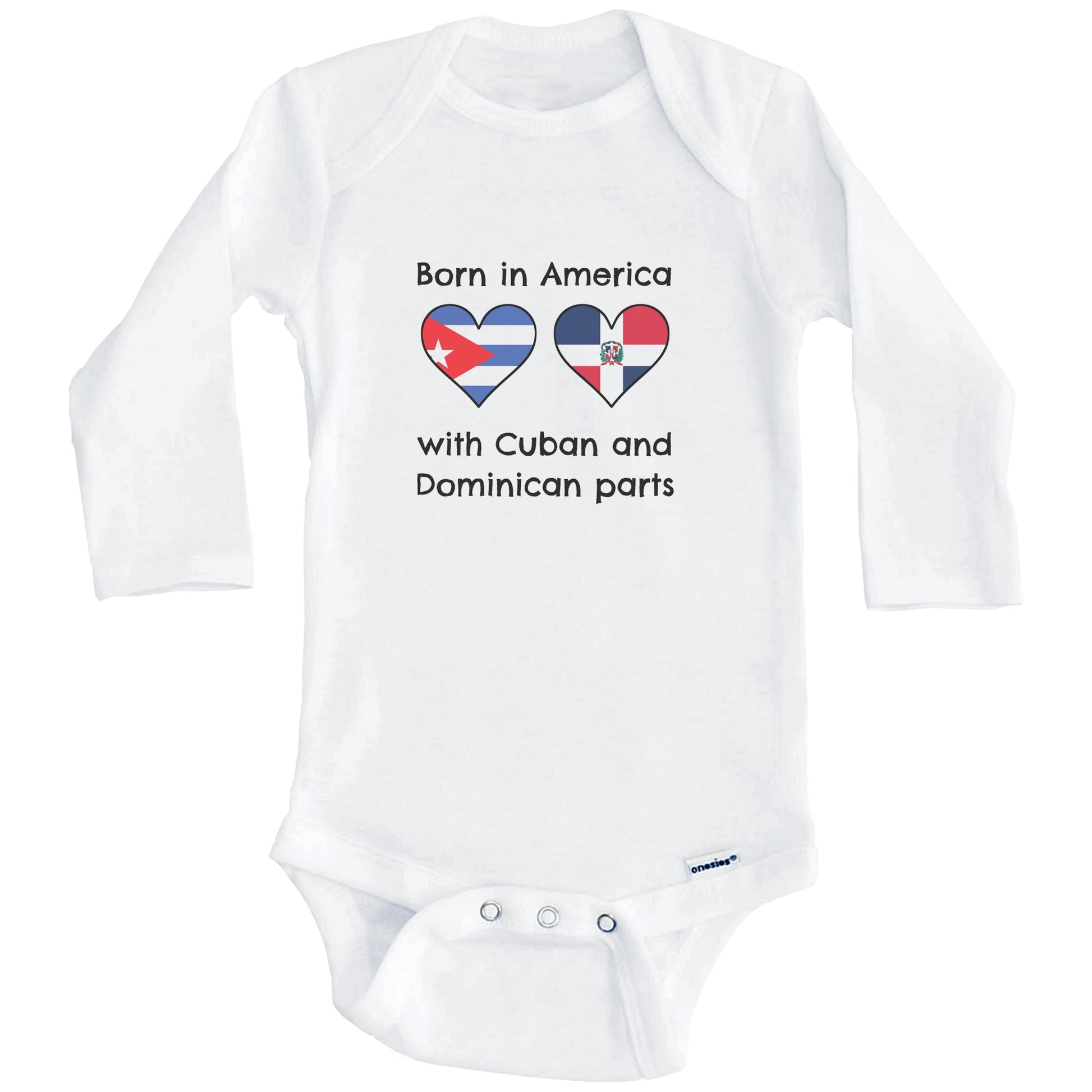 Born In America With Cuban and Dominican Parts Funny Cuba Dominican Republic Flags One Piece Baby Bodysuit (Long Sleeves)