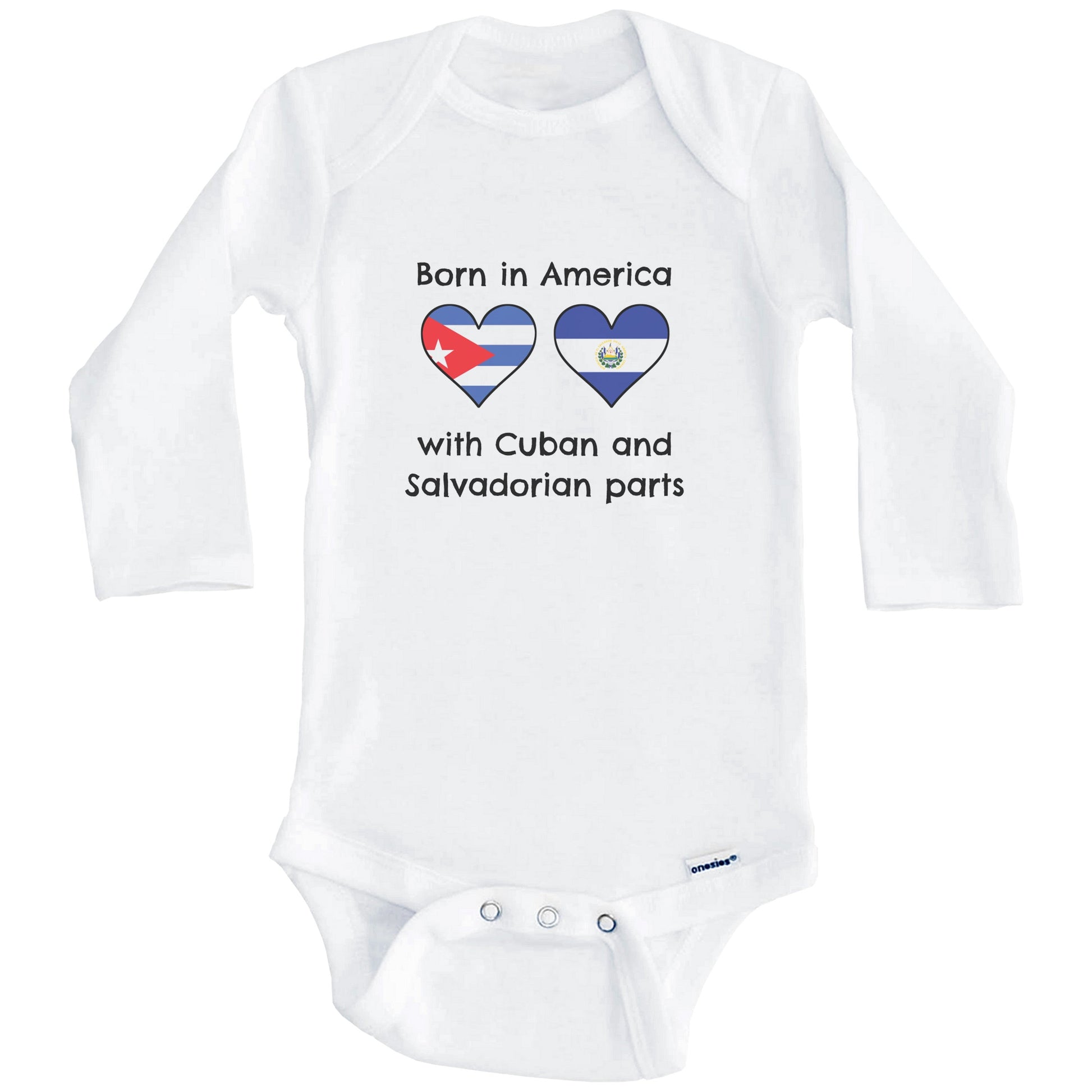 Born In America With Cuban and Salvadorian Parts Funny Cuba El Salvador Flags One Piece Baby Bodysuit (Long Sleeves)